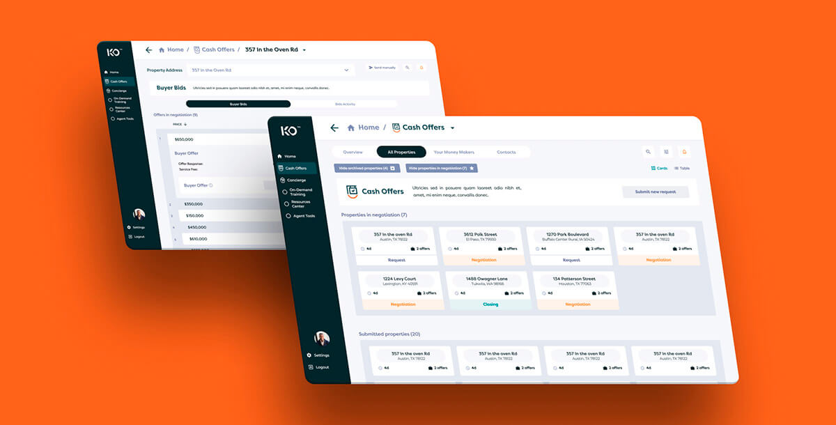 Keller Offers iBuyer Platform UI design | Properties + Bids screens for desktop